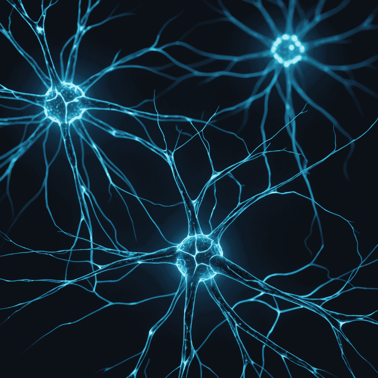 Абстрактное изображение, представляющее концепцию искусственного интеллекта: сеть нейронов, светящихся электрическим синим цветом на темном фоне