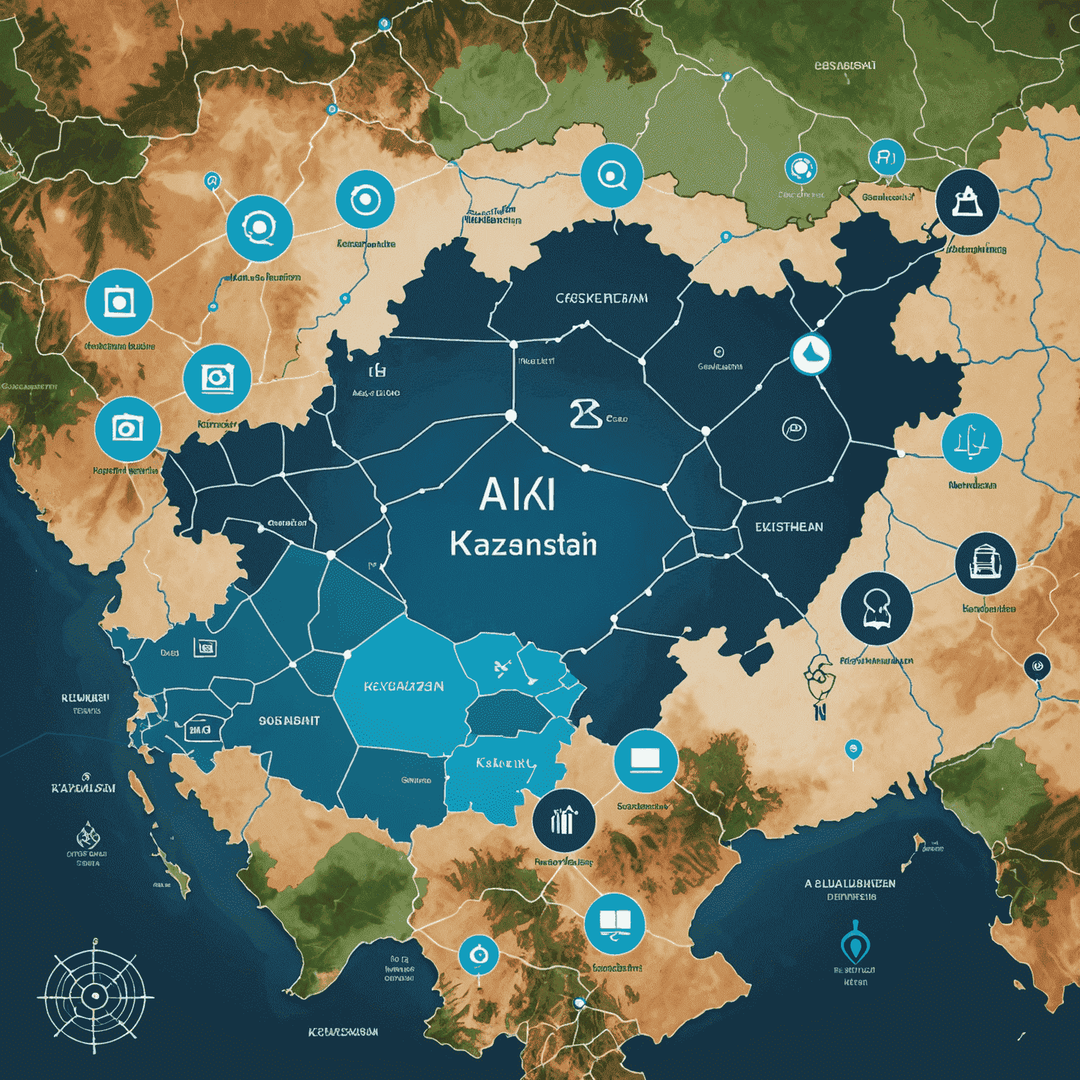 Изображение, показывающее карту Казахстана с наложенными символами ИИ и технологий, представляющее развитие ИИ в стране