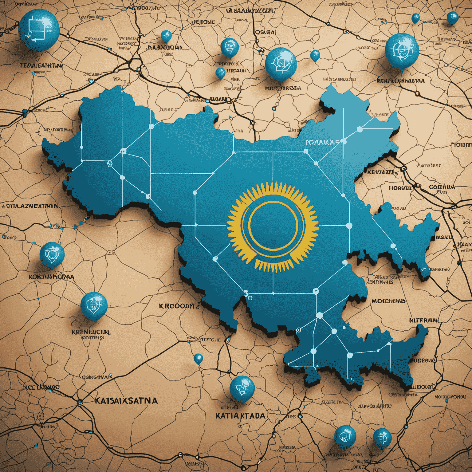 Карта Казахстана с наложенными символами ИИ и технологий